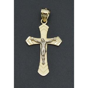 Real 10K Solid Yellow White Gold Arrow Cut Jesus Cross Crucifix Pendant 1.2grams